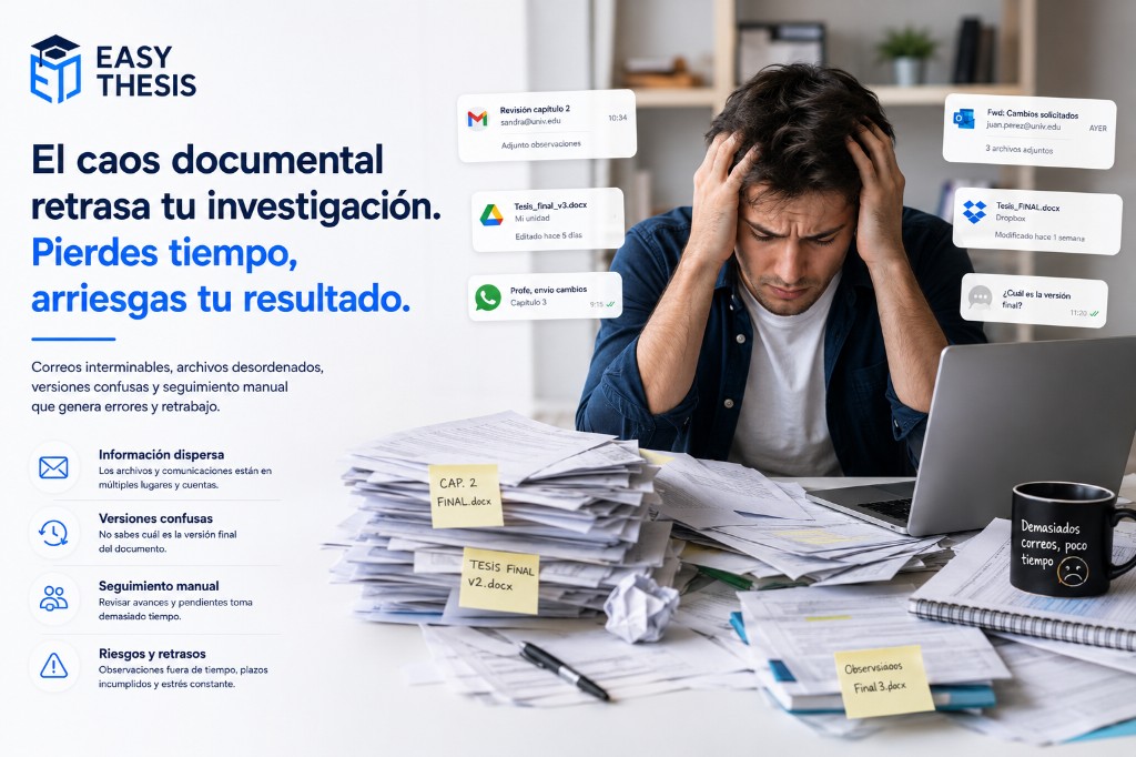 Problema del caos documental en procesos de tesis — correos, archivos y versiones dispersas