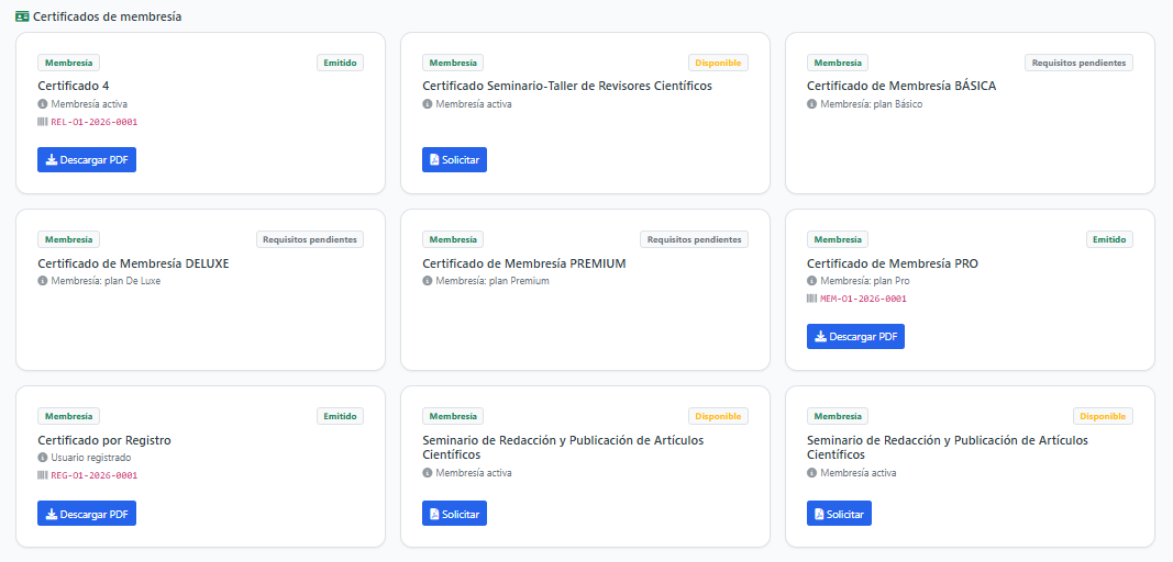 Certificados de membresía EN1 — emitidos y disponibles