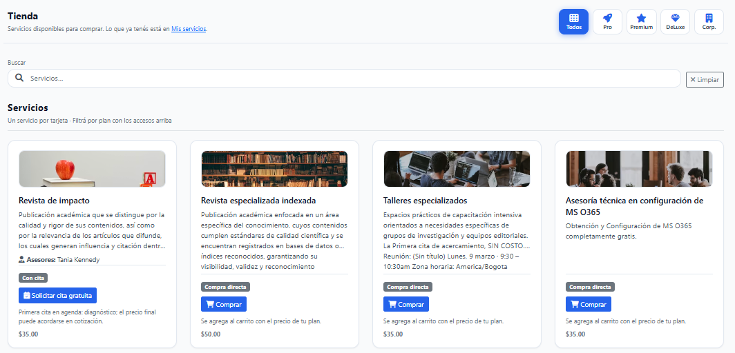 Tienda EN1 — servicios disponibles para comprar
